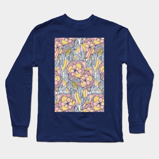 Pink and Peach Linework Floral Pattern Long Sleeve T-Shirt by micklyn